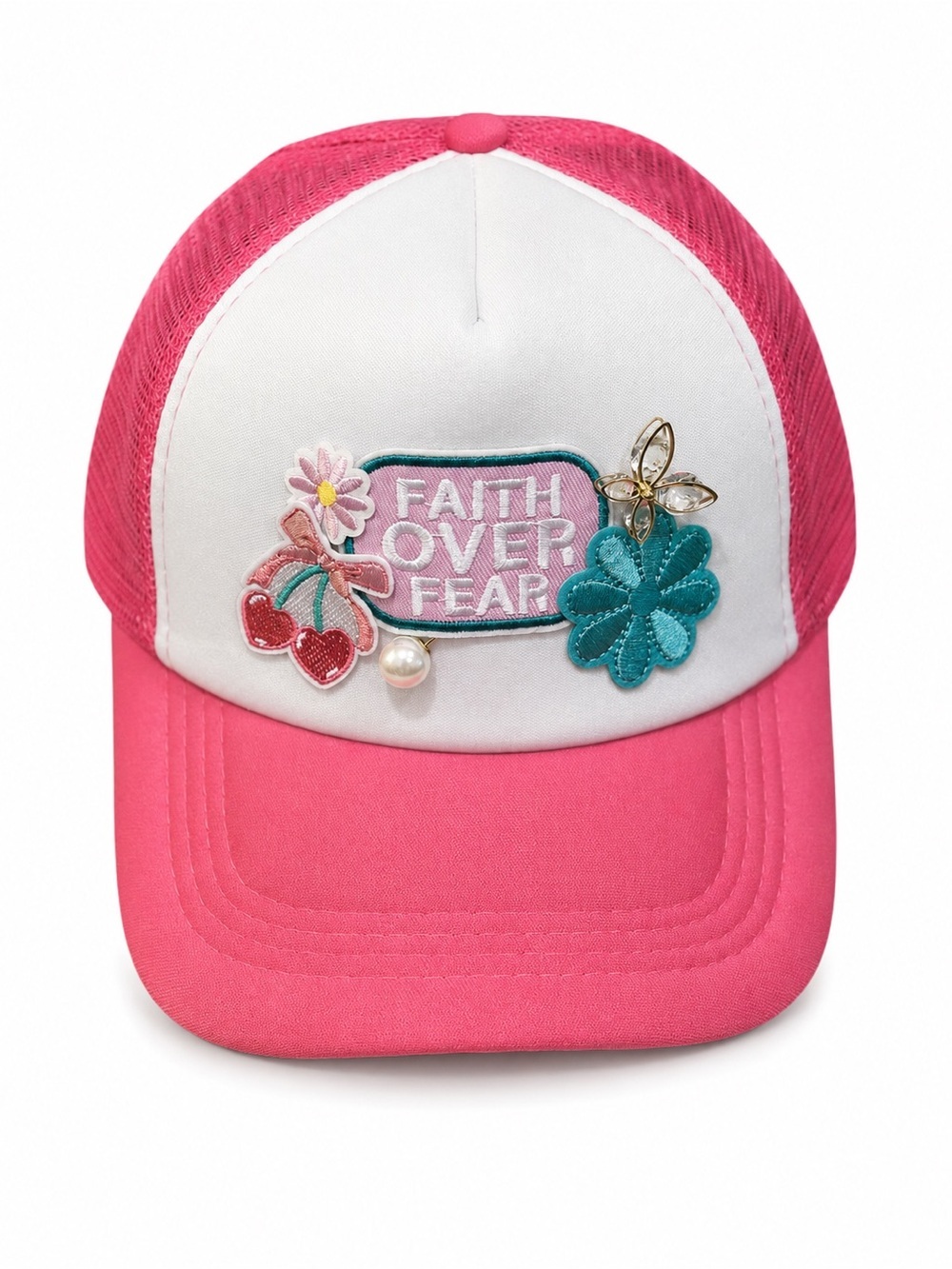Hand Crafted Pink & White 'Faith Over Fear' Embroidered Patch Cap